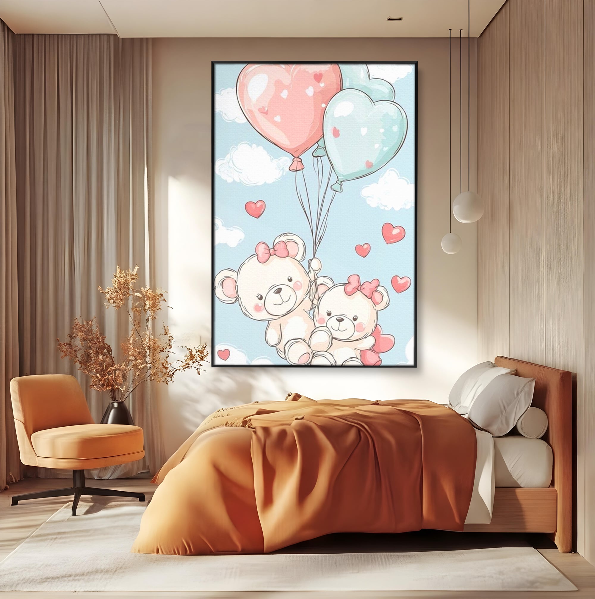 Tablou canvas cu ilustratie cu ursuleti zburand cu baloane, in rama de aluminiu negru, pe perete intr-un dormitor